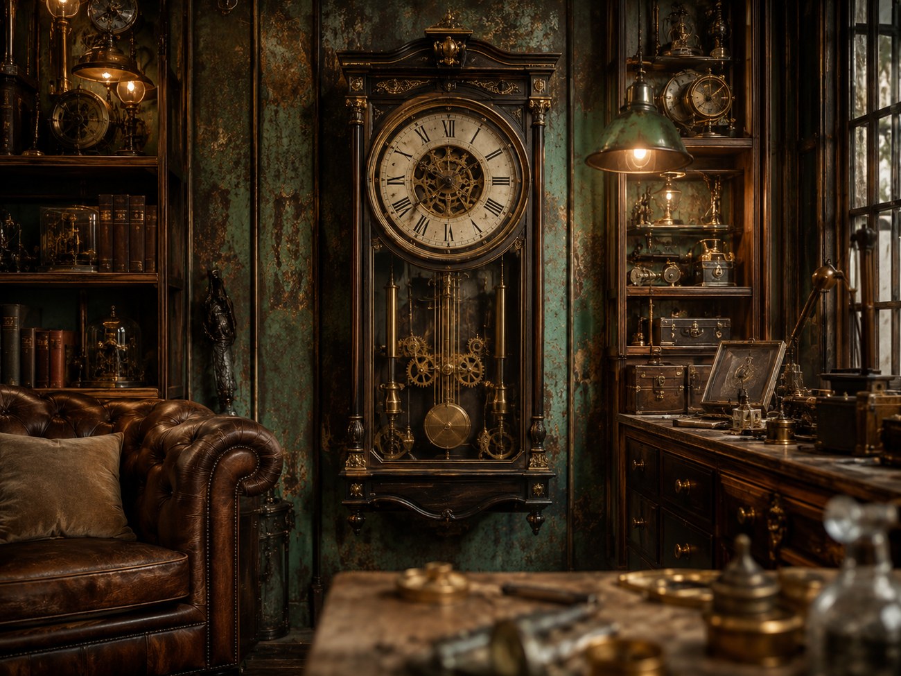 Steampunk-inspirierter Innenraum mit restaurierter großer Wanduhr
